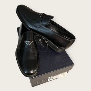 PRADA Men's Triangle Logo Leather Loafers Black UK12/US13 NEW